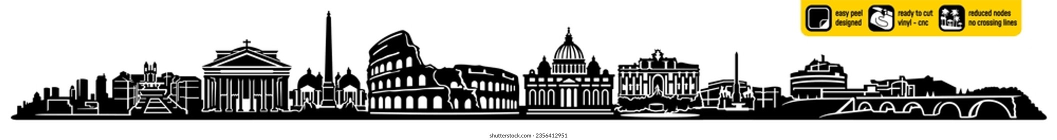 Detailed Rome skyline vector, Italia created for vinyl cutting. Landmarks in a single design cnc plasma. Vinyl ready design. Wall sticker. Wall decal. Black and white silhouette.