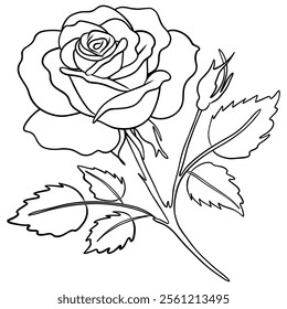 Detailed Rose with Leaves and Bud Coloring Page