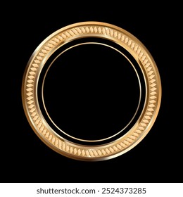 Detailed round gold circle isolated on black background. Gold ring logo. Inlay - rhombus. Victory, honorable achievement, quality product, anniversary. Vector illustration