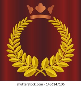 Detailed round golden bayleaf wreath crown award on velvet red curtain background. Royal crown in copper color. Victory, honor, quality vector illustration.
