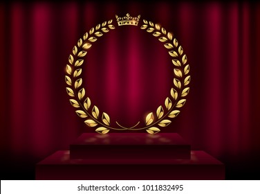 Detailed round golden laurel wreath crown award on velvet red curtain background and stage podium. Gold ring frame logo. Victory, honor achievement, quality product, anniversary. Vector illustration
