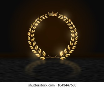 Detailed round golden laurel wreath crown award on dark background with reflection. Gold ring frame logo. Victory, honor achievement, quality product, anniversary. Vector illustration.