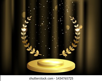 Detailed Round Golden Laurel Wreath Award On Velvet Curtain Background And Stage Podium. Gold Ring Frame Logo. Victory, Honor Achievement, Quality Product, Anniversary. Vector Illustration