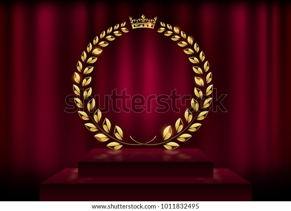 Detailed round golden laurel wreath crown\
award on velvet red curtain background and stage podium. Gold ring\
frame logo. Victory, honor achievement, quality product,\
anniversary. Vector\
illustration