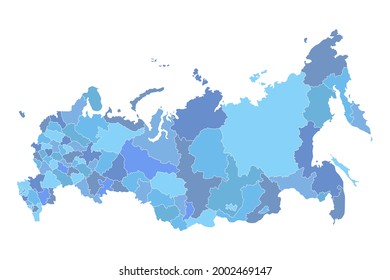 Detailed Russia administrative blue map with borders of regions icon isolated on white background. Russian Federation Vector illustration.