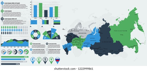 Detailed Russia map with infographic elements. Vector illustration.