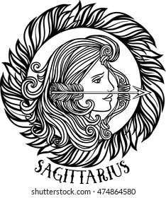 Detailed sagittarius in aztec filigree line art zentangle style. Tattoo, coloring page for adult. T-shirt design. Zodiac sagittarius tribal, decorative wool pattern. Vector