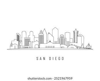 Ilustração detalhada do vetor de horizonte de San Diego. Edifícios de San Diego em estilo de arte em linha, perfeito para designs modernos.