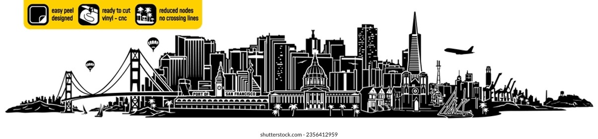 Detailed San Francisco skyline vector, California USA created for vinyl cutting. Landmarks in a single design cnc plasma. Vinyl ready design. Wall sticker. Wall decal. Black and white silhouette.