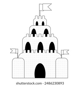 Detailed sandcastle illustration perfect for childrens coloring activities. Great for summer-themed creative fun.