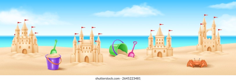 Detailed sandcastles and playful beach toys under a clear blue sky create a fun and sunny beach scene. A vibrant crab enhances the lively seaside atmosphere.