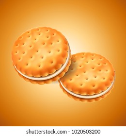 Detailed sandwich cookies or crackers with cream filling. Easy to use in design. Food and sweets, baking and cooking theme. Vector realistic 3d illustration.