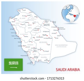 Detailed Saudi Arabia administrative map with country flag and location on a blue globe. Vector illustration