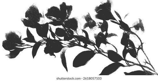 A detailed scan captures a cluster of flowers with striking black textures overlaying their natural forms.