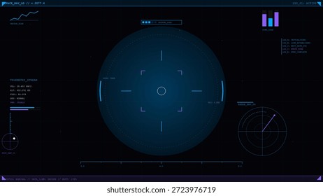 Eine detaillierte Scan-Oberfläche ist auf dunklem Hintergrund zu sehen. Es zeigt verschiedene Auslesungen, Grafiken und ein Zielsystem. Die Daten werden während einer Betriebssitzung überwacht.