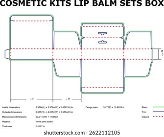 Detailed schematic diagram of a lip balm cosmetic kit box template with dimensions and design area clearly illustrated for packaging and manufacturing purposes
