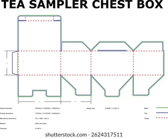 Detailed schematic diagram of a tea sampler chest box with dimensions and cutting guides for packaging design