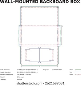 Diagrama esquemático detalhado de um projeto de backboard box montado na parede com medidas para fabricação e construção precisas.
