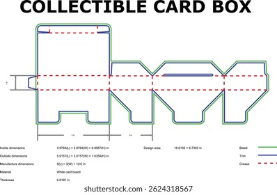 Detailed schematic of a foldable cardboard box for collectible trading cards showing measurements and dimensions