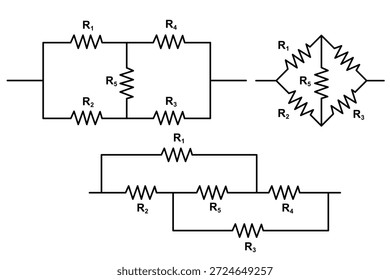 Un esquema detallado que muestra múltiples resistencias en serie y paralelas, incluida una red similar a un puente, adecuada para ilustrar conceptos electrónicos, análisis de circuitos y diseño en contextos educativos o de ingeniería profesional.