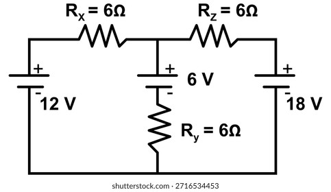 Un esquema detallado que muestra un circuito eléctrico de múltiples fuentes con suministros de 12V, 6V y 18V, resistencias de 6Ω y una red central de resistencias de 6V, que ilustra las conexiones de nodo y la distribución de voltaje.