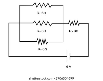 Un esquema detallado que muestra una red de cuatro resistencias (R1 6Ω, R2 6Ω, R3 6Ω, R4 3Ω) dispuestas con una batería de 6 voltios. Ideal para la electrónica, la enseñanza y la ingeniería visual.