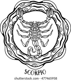 Detailed Scorpio in aztec filigree line art zentangle style. Tattoo, coloring page for adult. T-shirt design. Zodiac Virgo tribal, decorative wool pattern. Vector