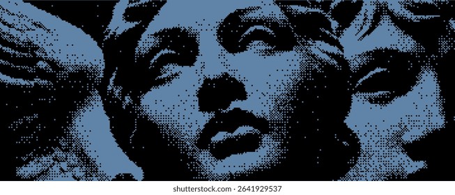 Detailed sculptures of heavenly figures depict expressions of grace and serenity. The artistry showcases intricate features reflecting light in a tranquil environment. Bitmap y2k zine bg. 