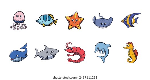 Detailed sea animal illustrations for ocean-themed designs.