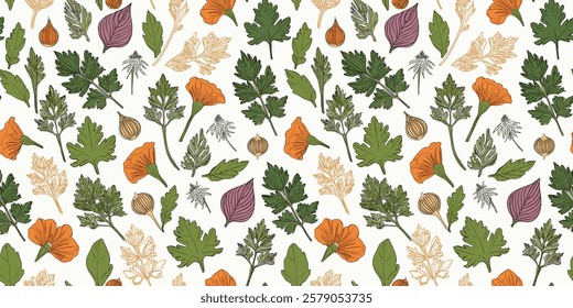 A Detailed Seamless Botanical Pattern Featuring a Variety of Colorful Leaves, Vibrant Orange Flowers, and Intricate Natural Motifs, Perfect for Nature-Inspired Designs and Decorative Applications