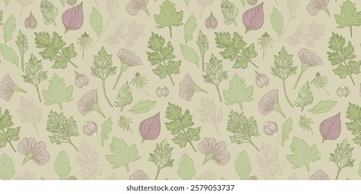 A Detailed Seamless Botanical Pattern Featuring a Variety of Colorful Leaves,  Natural Motifs, Perfect for Nature-Inspired Designs and Decorative Applications