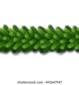 Detailed seamless Christmas garland of fir branches for greeting card, showcase, banner, website, header. Vector illustration. 