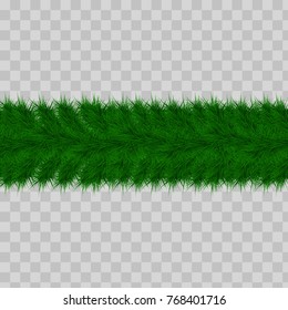 Detailed seamless Christmas garland of fir branches on a transparent background for greeting card, showcase, banner, website, header. Vector illustration