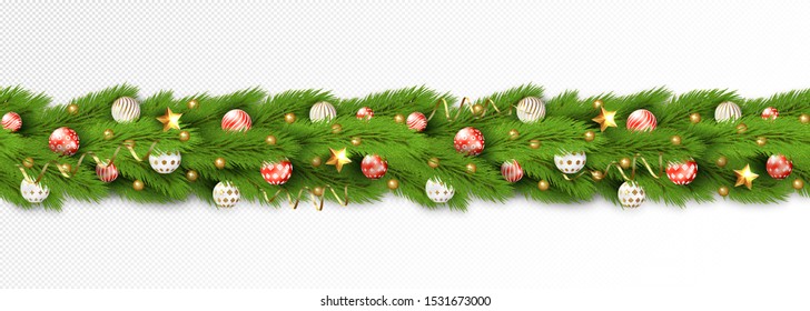 Detailed Seamless Christmas Garland with white, red and gold balls. Vector, 3d illustration