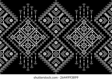Detailed seamless ethnic pattern featuring intricate white geometric diamond motifs on a black background. Ideal for textile design and modern fashion.