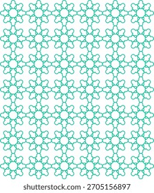 Ein detailliertes, nahtloses geometrisches Muster mit miteinander verbundenen achteckigen und stilisierten Baumwollformen in Teal-Linien auf weißem Hintergrund, ideal für dekorative Zwecke.