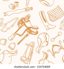 Detailed seamless horseback riding essentials pattern. Everything a horse needs in one drawing - saddle, bridle, bandage, saddle pad, halter. Dressage and  jumping accessories for horse in vector.