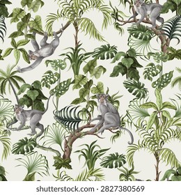 Detailed seamless jungle pattern with monkeys sitting and swinging among tropical leaves and branches. Exotic wildlife botanical illustration for fabric, wallpaper, wrapping paper, textile, nursery decor and surface design