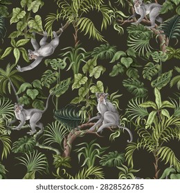Detailed seamless jungle pattern with monkeys sitting and swinging among tropical leaves and branches. Exotic wildlife botanical illustration for fabric, wallpaper, wrapping paper, textile, nursery decor and surface design