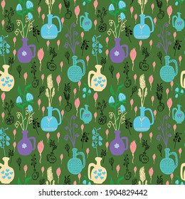 Patrón detallado y sin fisuras con jarrones y plantas de lujo sobre un fondo verde. Textil de verano
