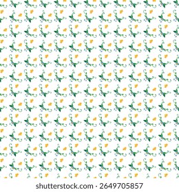 Detalhado padrão sem emenda com flores amarelas estilizadas, folhas verdes e cachos elegantes em um fundo branco.