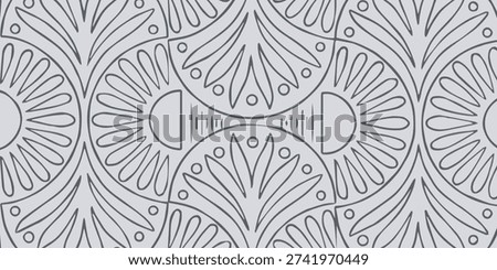 A detailed seamless pattern featuring stylized floral motifs and intricate geometric elements, creating a visually appealing and repetitive design suitable for various applications.