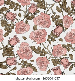 detailed seamless pattern of growing rose in white background. Romantic, vintage, country style for Valentine's, wedding designs, graphic, printed fabric, fashion, home decor, paper, package, gift.