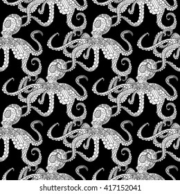 Detailed seamless pattern with octopus. Anti stress coloring page. Black white hand drawn zen doodle oceanic animal. Endless texture can be used for wallpaper, pattern fills, wrapping paper. Vector.
