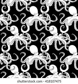 Detailed seamless pattern with octopus. Anti stress coloring page. Black white hand drawn doodle oceanic animal. Endless texture can be used for wallpaper, pattern fills, wrapping paper. Vector.