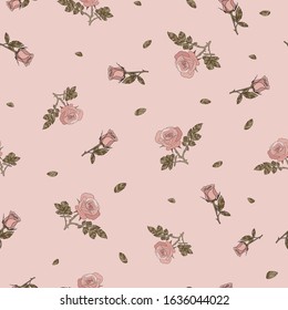 detailed seamless pattern of pink rose and golden leaves in pink background. Romantic, vintage, country style for Valentine's, wedding designs, graphic, printed fabric, fashion, home decor, package.