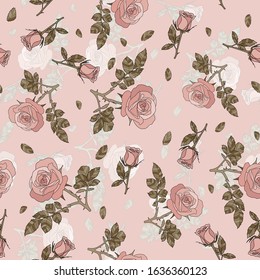 detailed seamless pattern with pink rose and golden leaves in pink background. Romantic, vintage, country style for Valentine's,