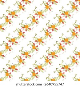 Detailed seamless pattern showcasing orange flowers intertwined with vibrant green foliage and red accents, perfect for textiles, wallpapers, or decorations with a lively and natural theme.