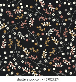 Detailed seamless pattern with stylish flowers and leaves isolated on black background can be used for wallpapers, surface textures, textile,linen, kids cloth, pattern fills and more designs. 