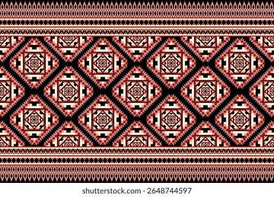 A detailed seamless pixel art pattern showcasing ethnic geometric diamond motifs in warm tones,black, terracotta,cream.Textile design,fashion prints, cultural backgrounds,digital,traditional aesthetic